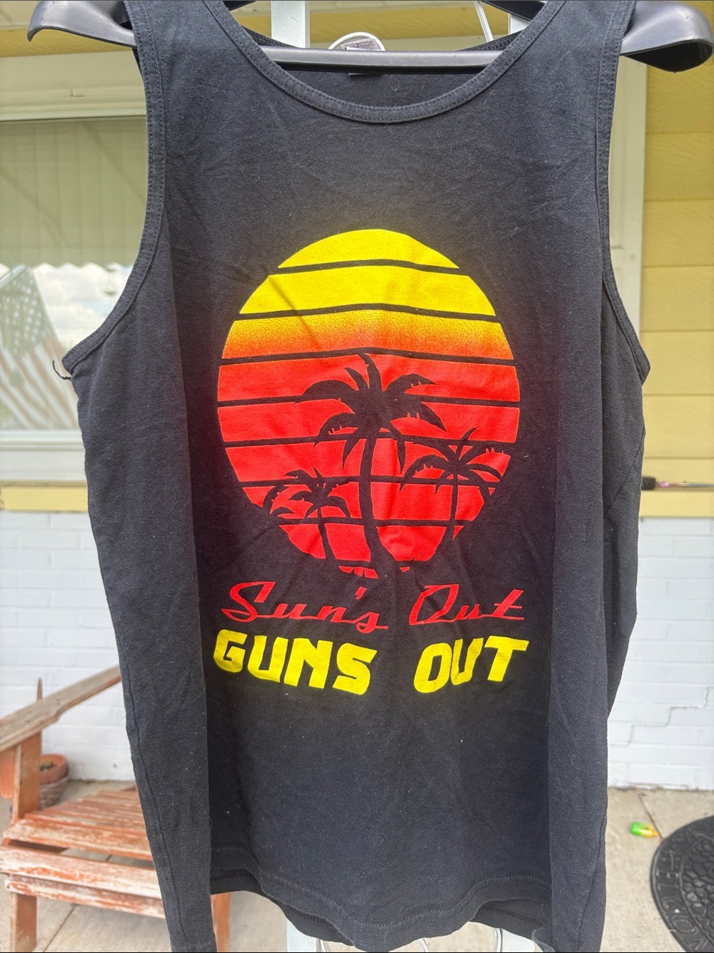 Gildan Black Tank Top with Red and Yellow Sunset Palm Graphic